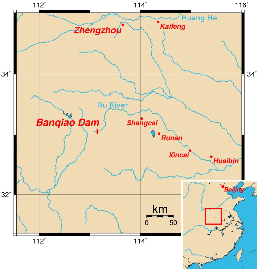 Map showing the flood area from the 1975 Banqiao Dam collapse in Henan province, China
