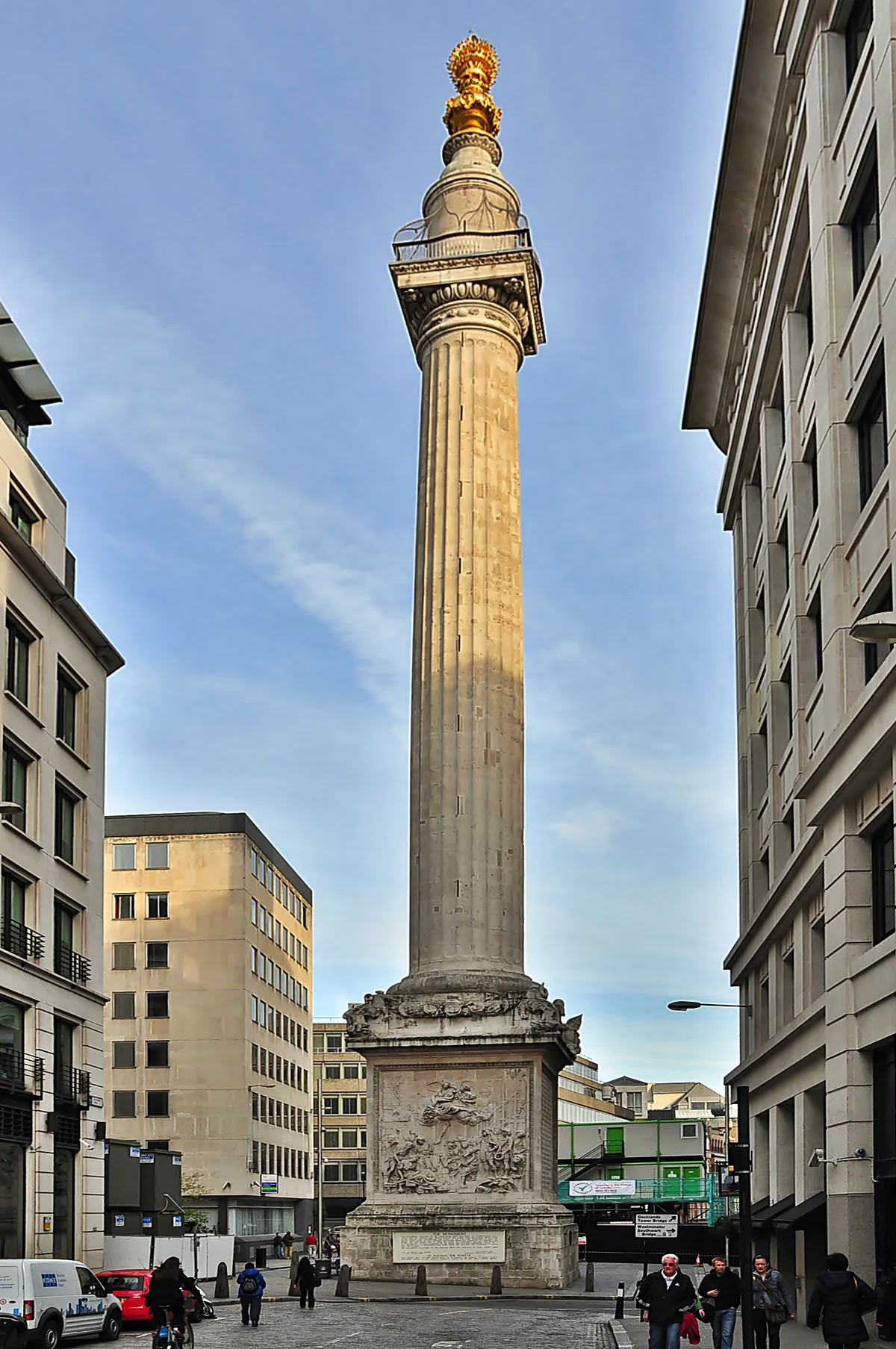 The Monument to the Great Fire of London on Fish Street Hill, designed by Christopher Wren and Robert Hooke and completed in 1677 — its height of 202 feet equals the horizontal distance to the bakery on Pudding Lane where the fire started