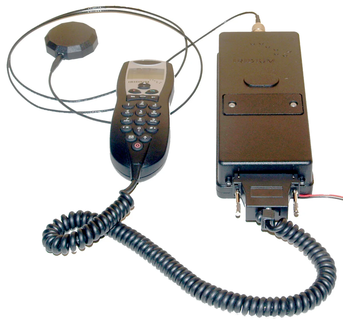 An Iridium 9522A satellite transceiver unit — the large, heavy handset required for the Iridium network, which sold for $3,000 and required an external antenna to function