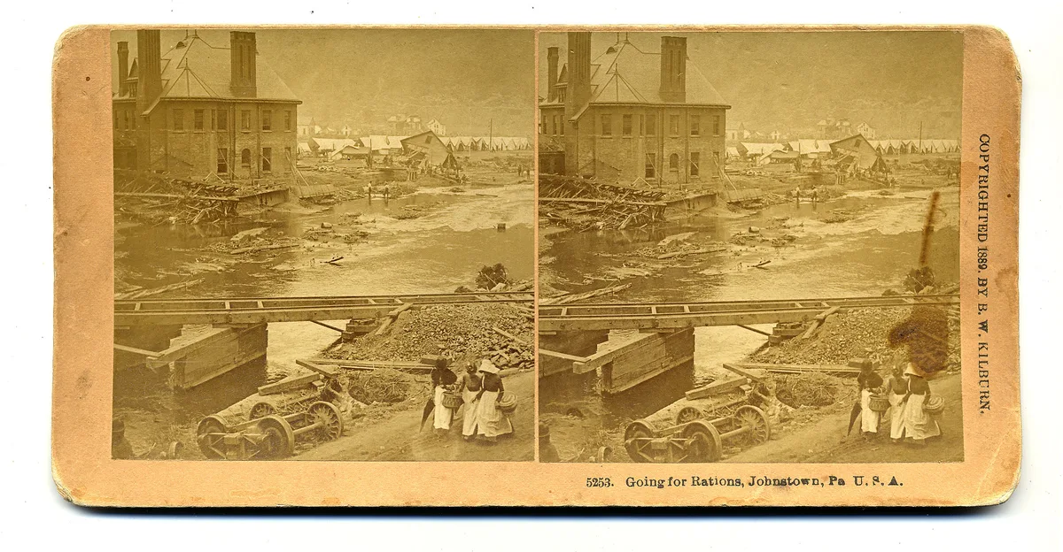 Survivors collecting rations in the ruins of Johnstown after the 1889 flood