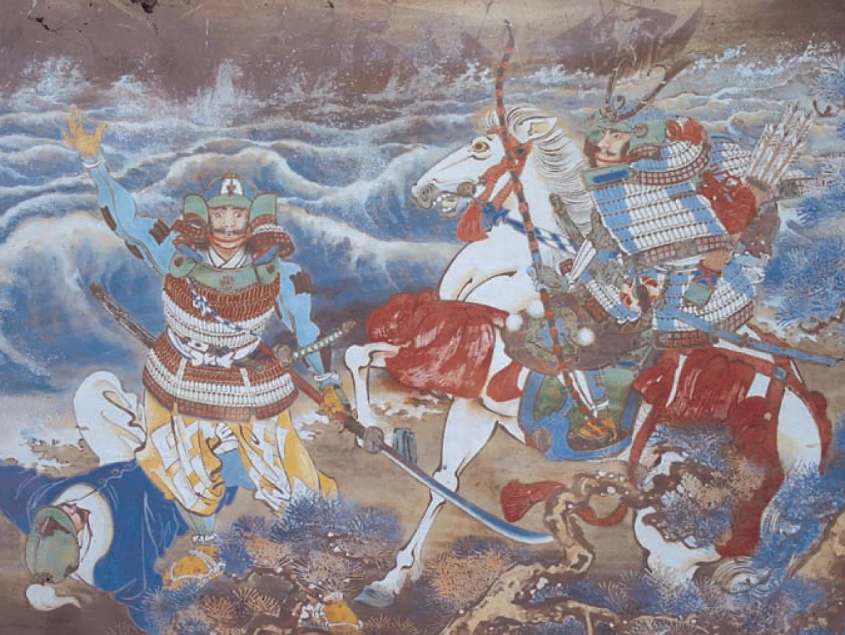 Japanese samurai warriors on horseback defending the shore against the Mongol invasion at Tsushima, 1281 — votive painting at Sasuura shrine