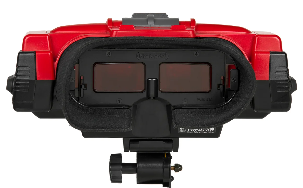 Nintendo Virtual Boy red 3D gaming headset on its stand