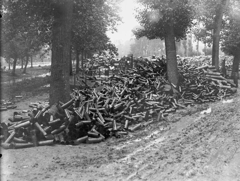 A vast dump of empty 18-pounder shell cases at Fricourt, representing a fraction of the 1.5 million rounds fired in the Somme preliminary barrage, July 1916.
