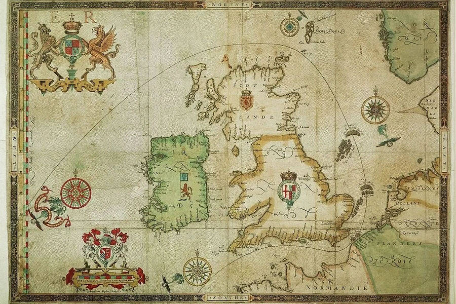 Contemporary route chart of the Spanish Armada, 1590, showing the fleet's path up the English Channel and forced return around Scotland and Ireland
