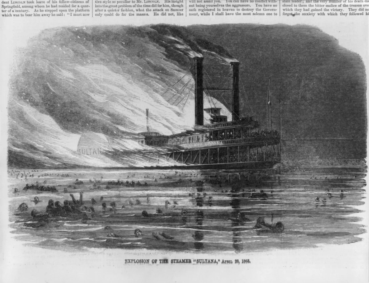 Illustration of the explosion of the steamer Sultana on the Mississippi River, 1865