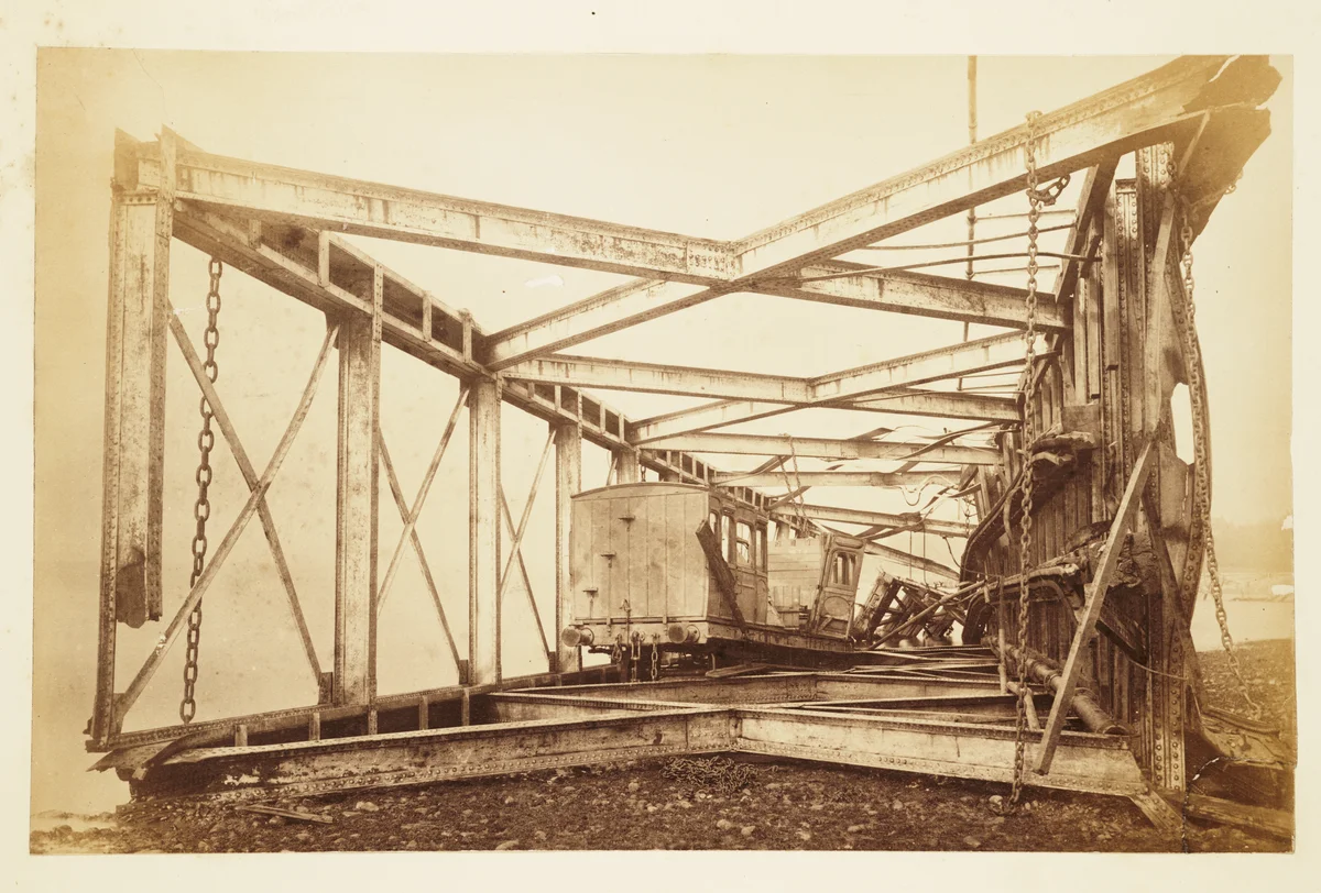 Recovered section of fallen girders from the Tay Bridge disaster, photographed for the 1880 Board of Trade inquiry — showing the cast-iron columns and connecting ironwork retrieved from the Firth of Tay after the collapse