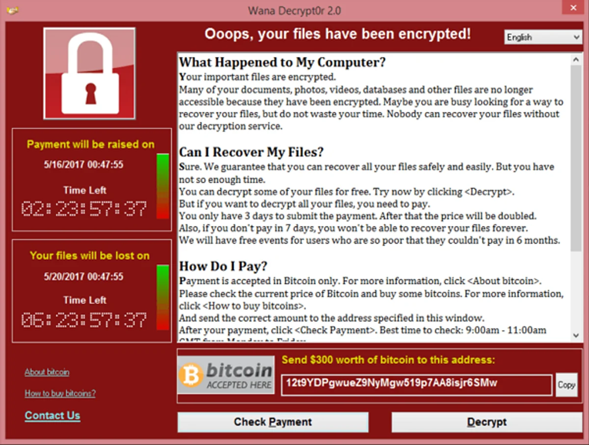 WannaCry ransomware demand screen on an infected hospital computer