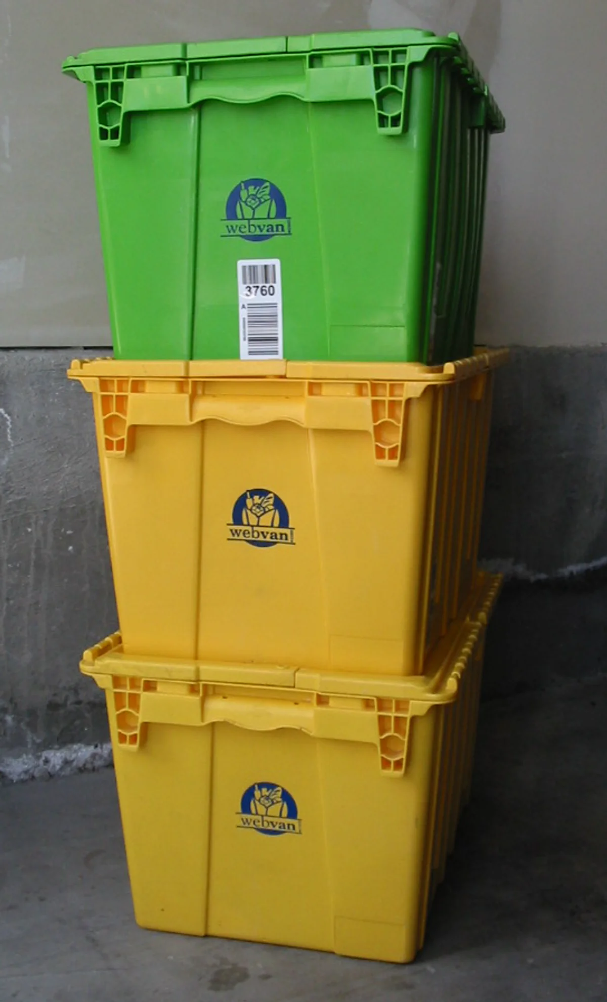 Webvan delivery tubs — the branded plastic containers used to deliver groceries, which became a symbol of the dot-com era overreach after the company burned through $1.2 billion