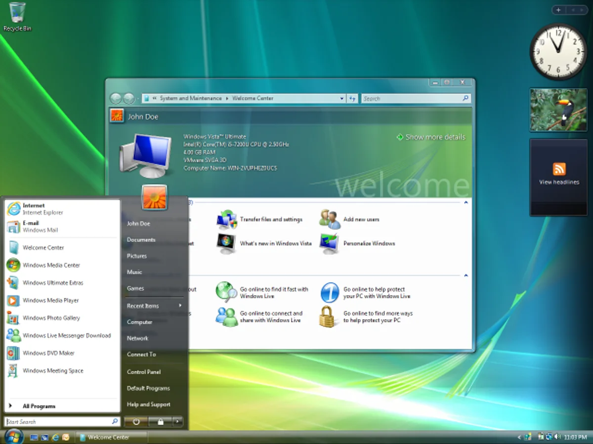 Windows Vista desktop with Aero Glass interface and start menu